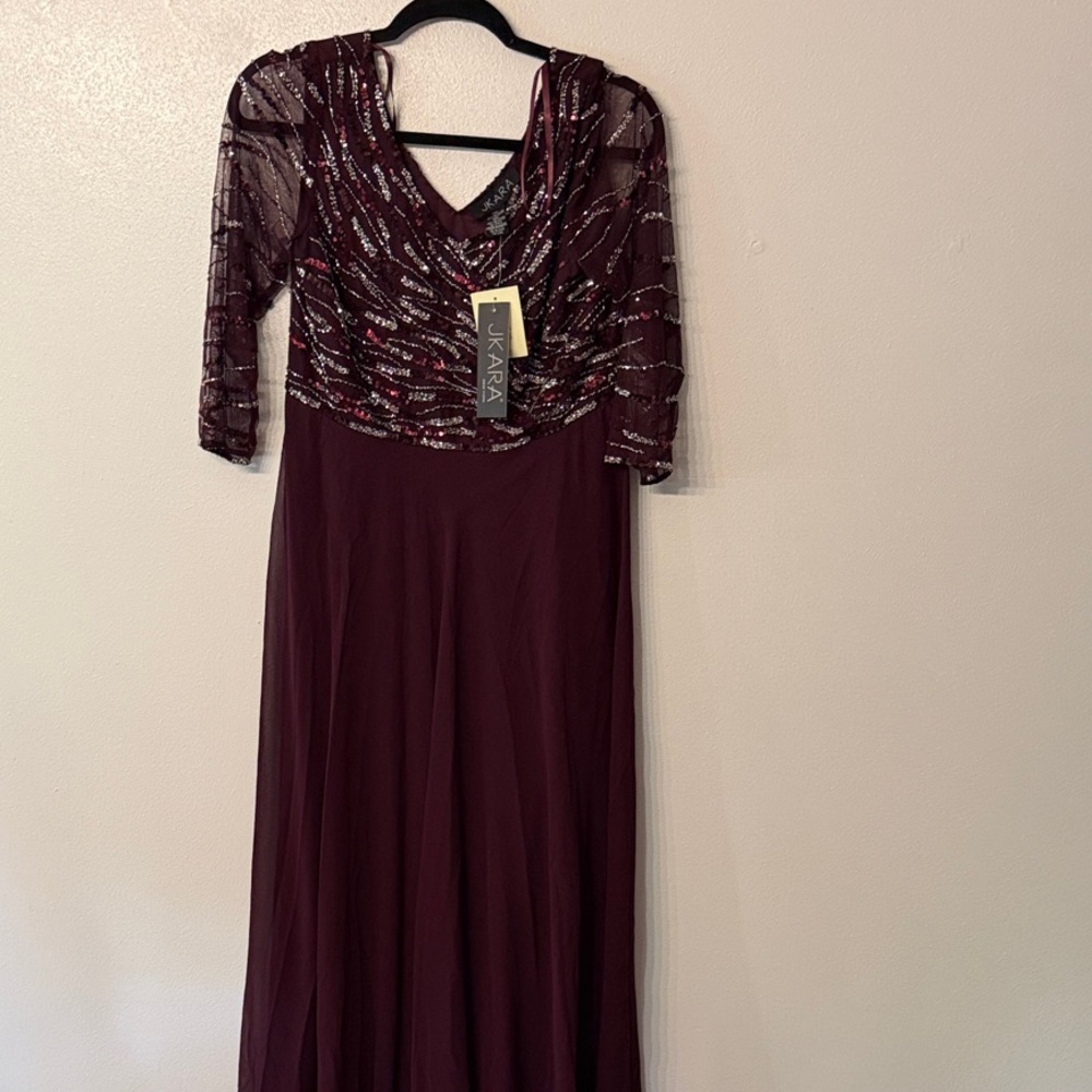 J Kara Womens Petite Beaded Gown Wine Multi 3/4 Sleeve Formal Dress 8P 5045WMP - Picture 5 of 5
